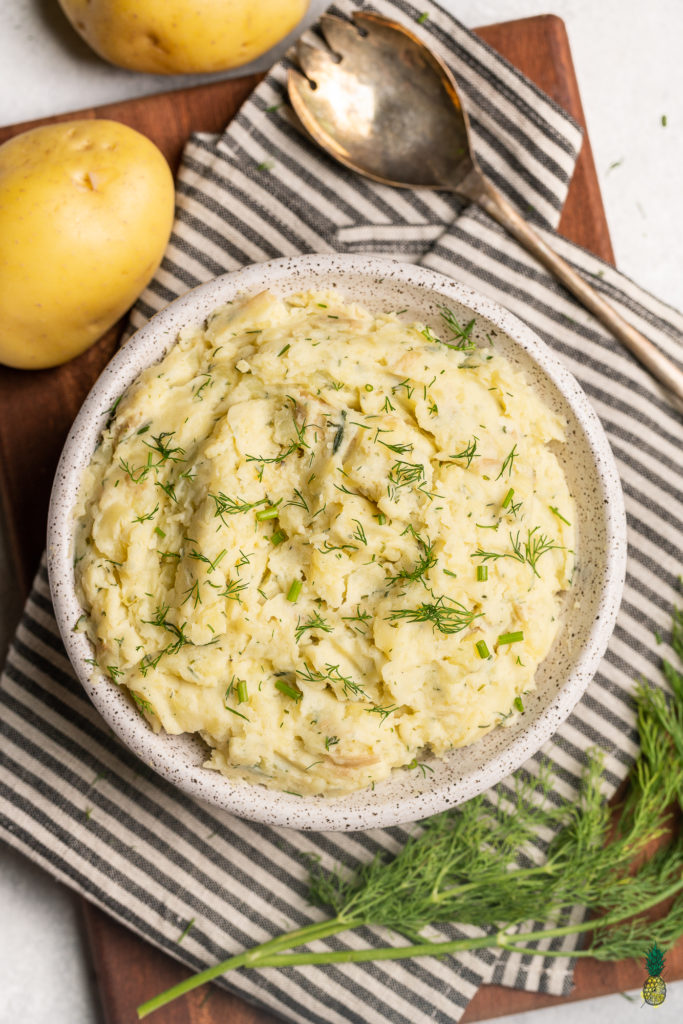 The BEST Vegan Mashed Potatoes With Dill and Chives Overhead