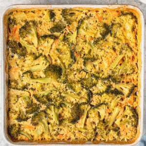 overhead image of cooked broccoli rice casserole