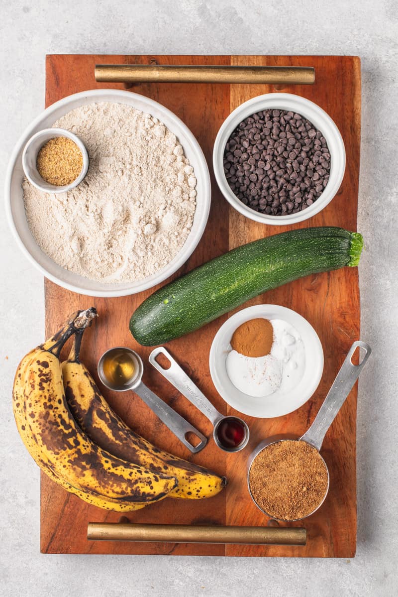 overhead image of muffin ingredients on wooden board