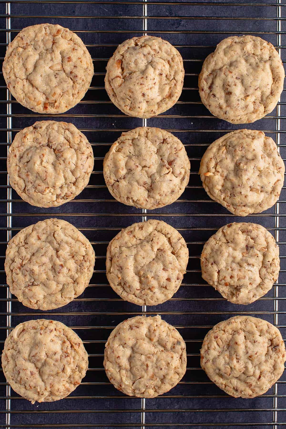 toasted coconut sugar cookies on wire cooling rack