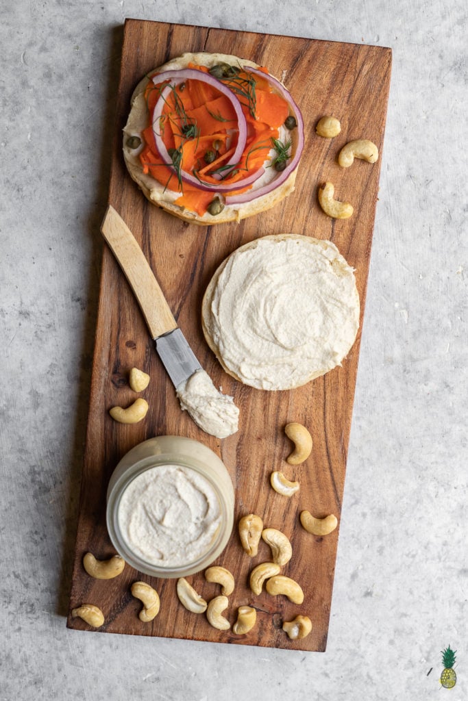 A vegan cream cheese recipe that is made from cashews and easy to make! Plus, it requires just 3 simple ingredients. Get ready to bring your bagels to the next level! #vegan #creamcheese #cultured #cashew #probiotic #easytomake #veganbreakfast #musttry #breakfast #spread #vegancheese #oilfree #glutenfree