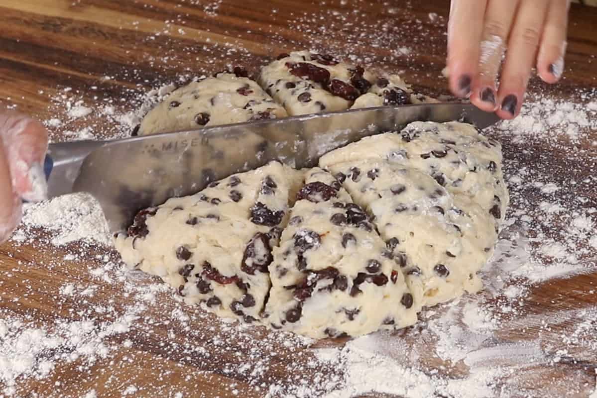 cutting dough for cherry scones