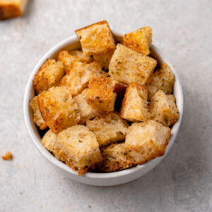 close up image of croutons in bowl