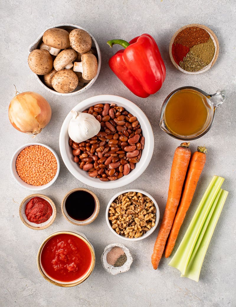 overhead image of ingredients for an easy vegan chili