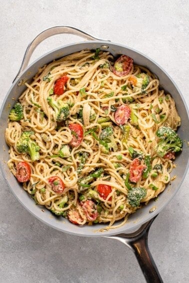 Overhead image of easy vegan pasta primavera in pan