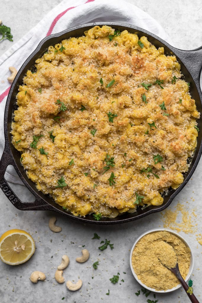 overhead image of vegan mac and cheese in skillet