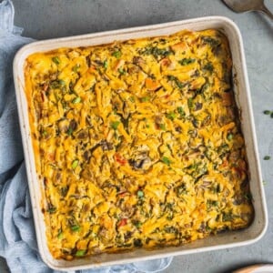 Overhead shot of a vegan sweet potato breakfast casserole in a white dish by sweet simple vegan