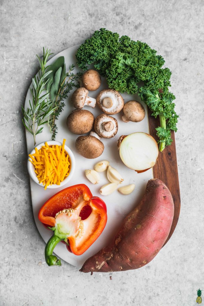 vegetable ingredients to make a vegan breakfast casserole with sweet potatoes, peppers, mushrooms and more. Photo by Sweet Simple Vegan