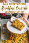 Serving shot of a vegan sweet potato breakfast casserole in a white dish by sweet simple vegan for Pinterest