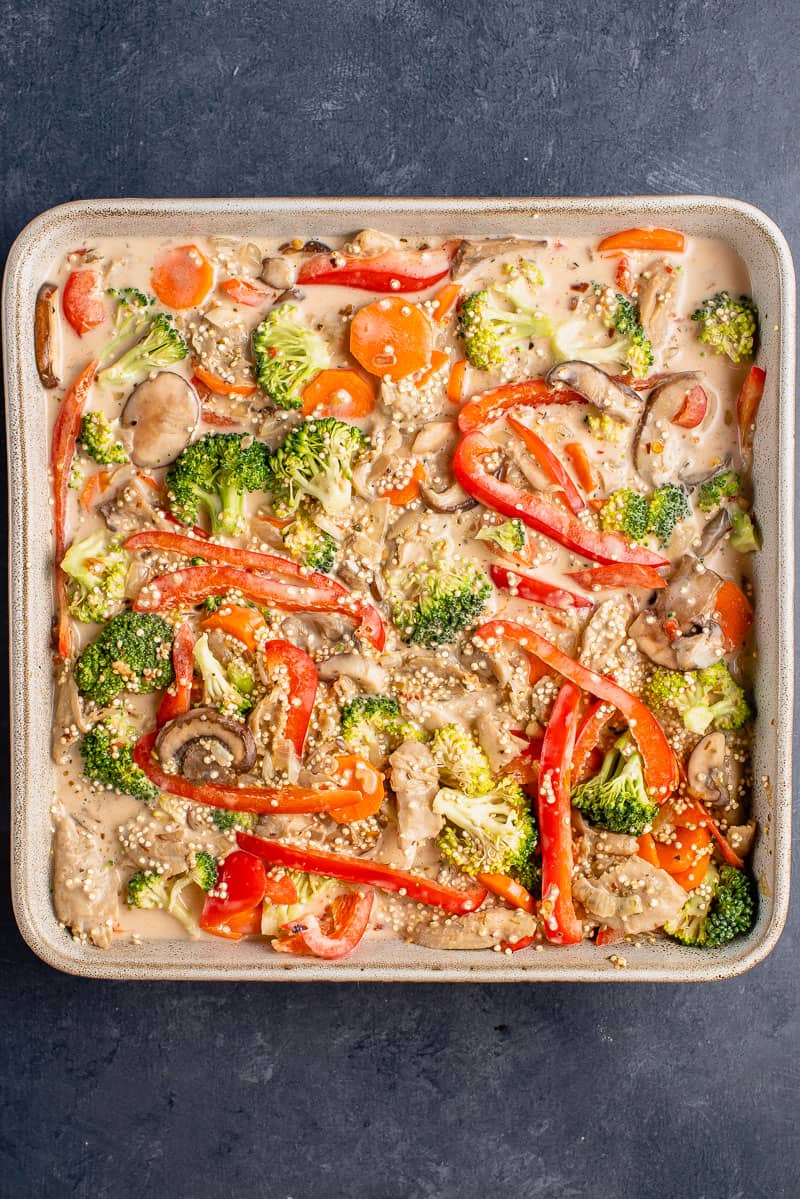 overhead image of uncooked quinoa casserole