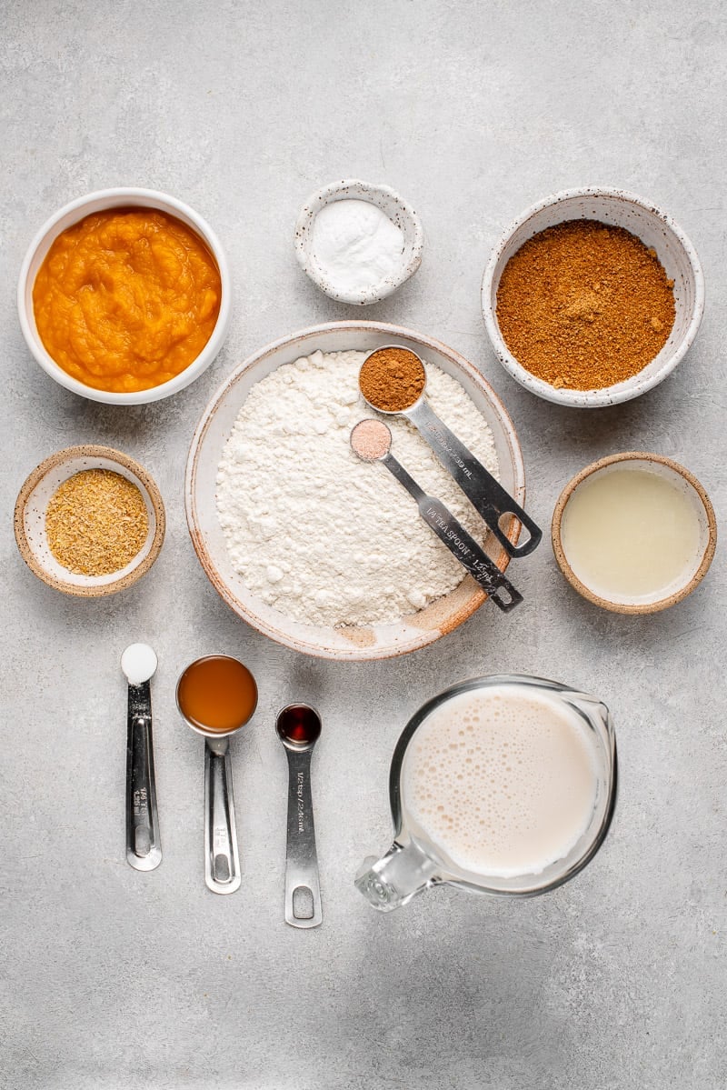 overhead image of ingredients for pancakes
