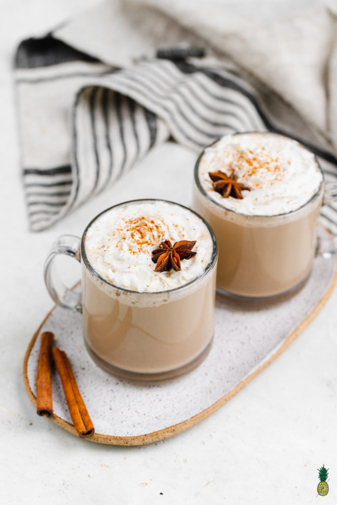 Homemade vegan chai latte with whipped cream