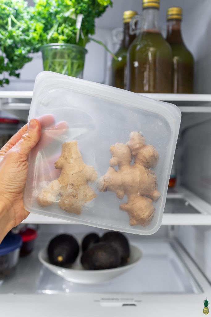 Ginger in a reusable bag in the refrigerator, sweet simple vegan
