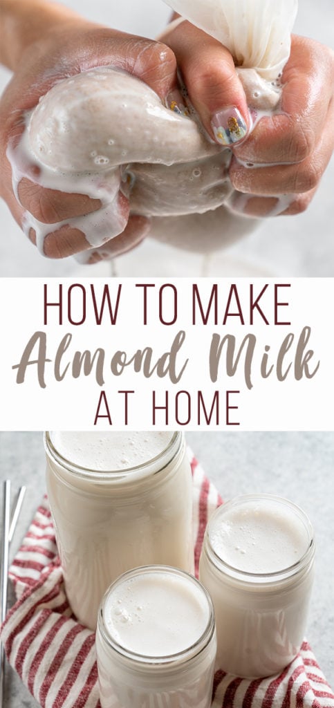 Making almond milk at home is not only super easy, but it is also so much more affordable than storebought almond milk at the store and even more delicious. The best part is that it requires just two ingredients-- almonds and filtered water! #howto #diy #almondmilk #nutmilk #plantmilk #easy #2ingredient #beverage #vegan #sweetsimplevegan #staple