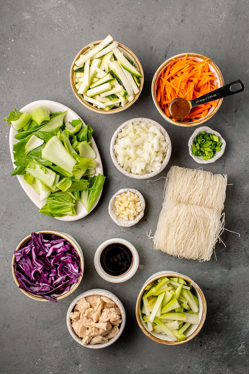 overhead image of ingredients for pancit