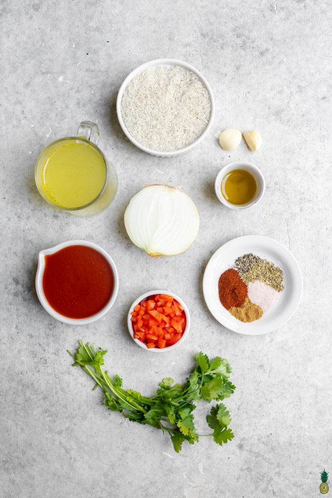 Ingredients for homemade restaurant-style spanish rice by sweet simple vegan!