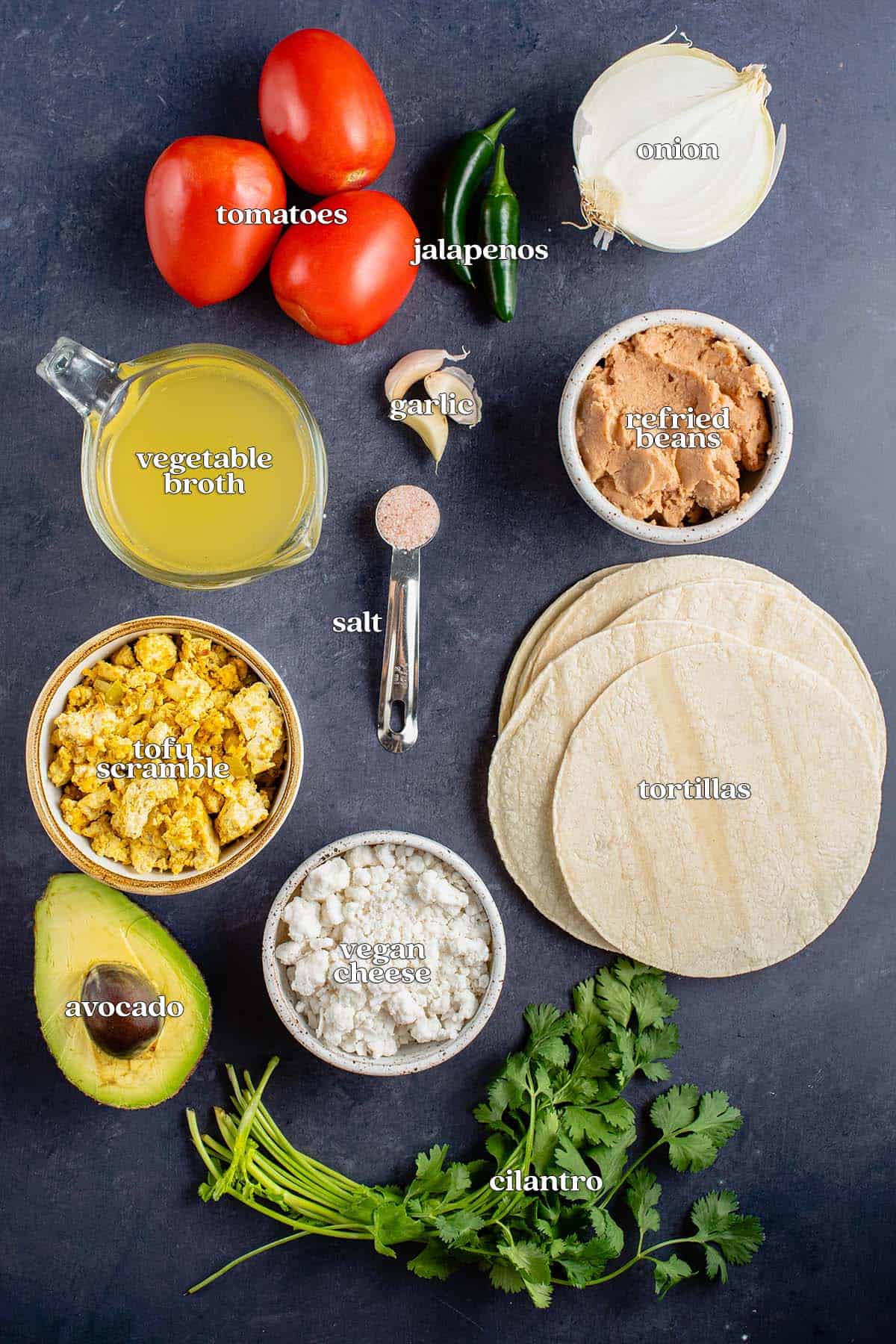 labeled ingredients for vegan huevos rancheros