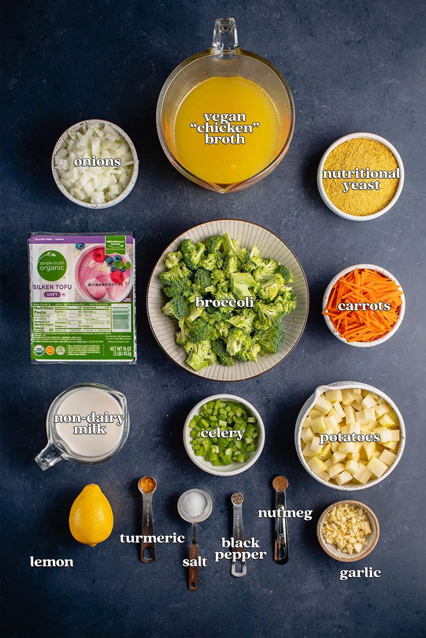 photo of ingredients for creamy vegan tofu broccoli potato soup