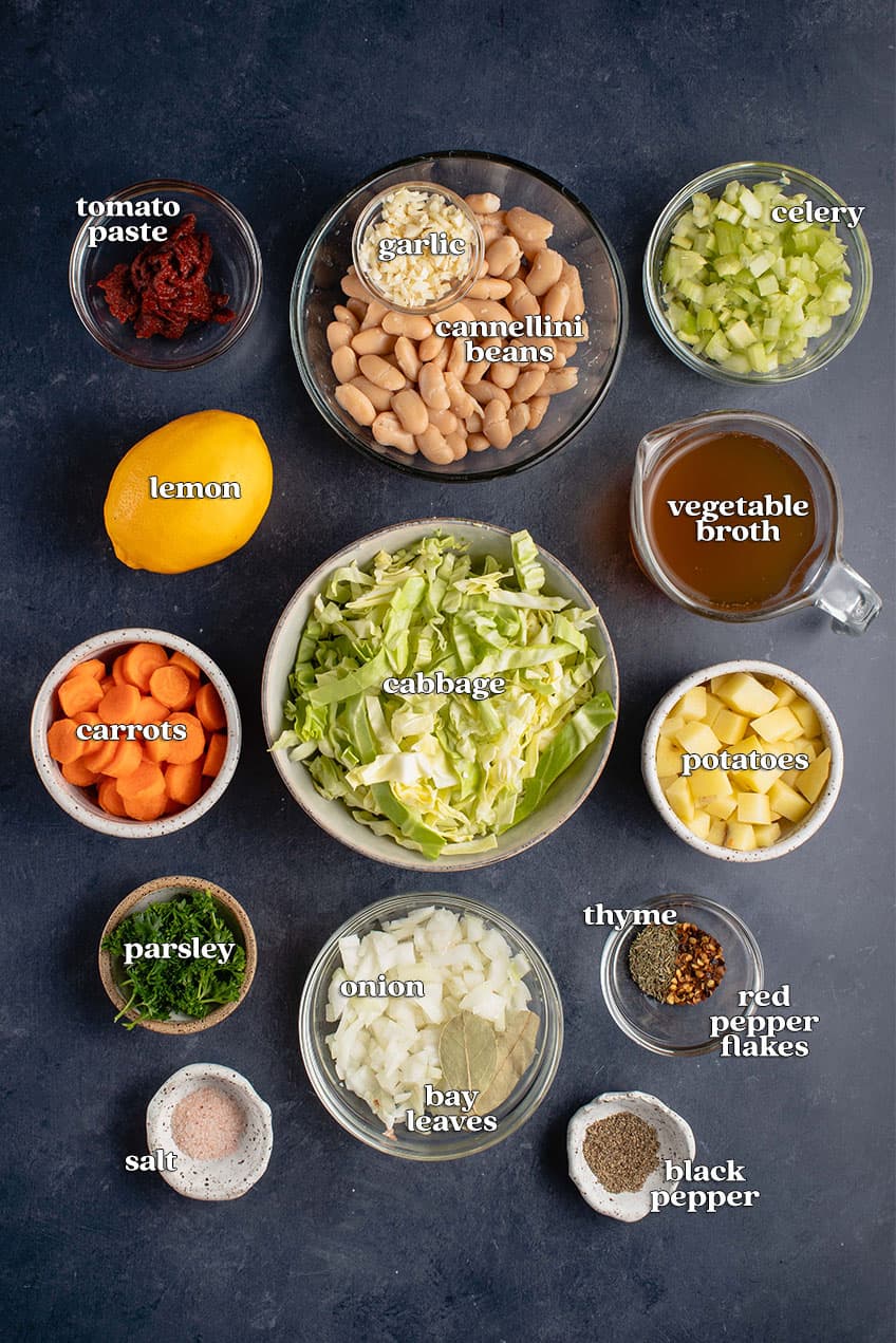 ingredients for healthy vegan cabbage soup on white table
