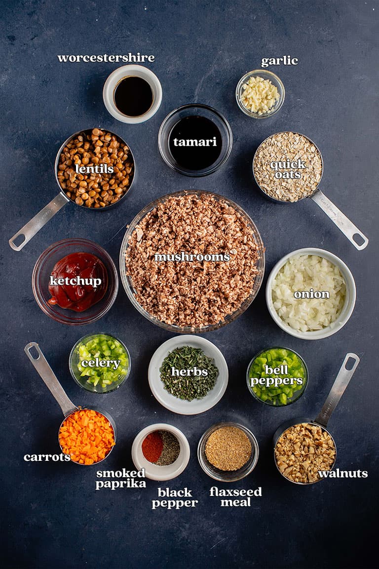 photo of ingredients for vegan meatloaf made with lentils and vegetables