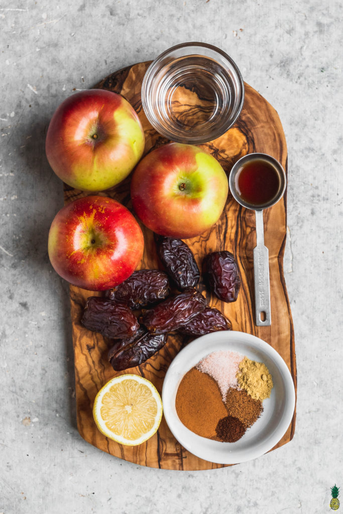 ingredients for instant pot apple butter on a whoop slab by sweet simple vegan