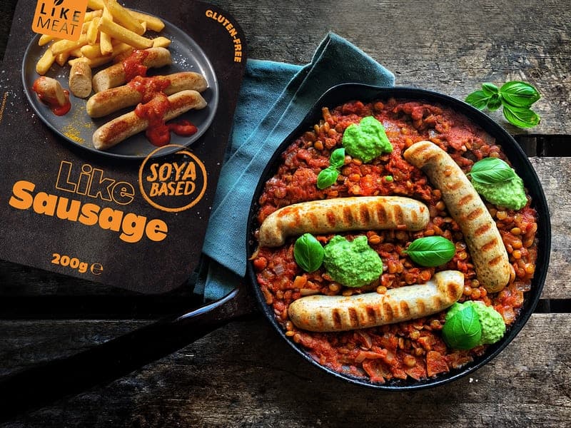 like sausage package with a cast iron filled with sauce, lentils, and sausage for vegan Nutrition myths debunked