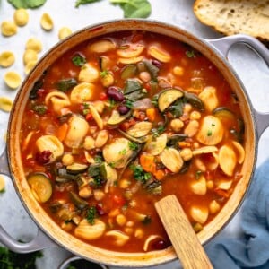 one-pot minestrone soup in large pot styled and taken from overhead