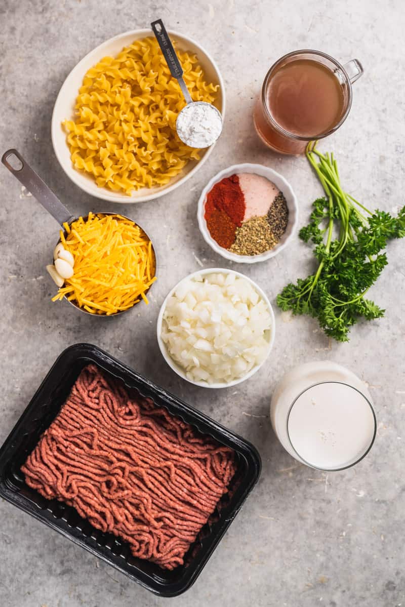 overhead image of ingredients for one pot vegan hamburger helper
