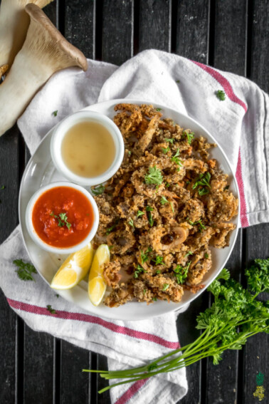 Vegan Oyster Mushroom Calamari - MUST MAKE Holiday Appetizer https://sweetsimplevegan.com/2017/12/vegan-oyster-mushroom-calamari/