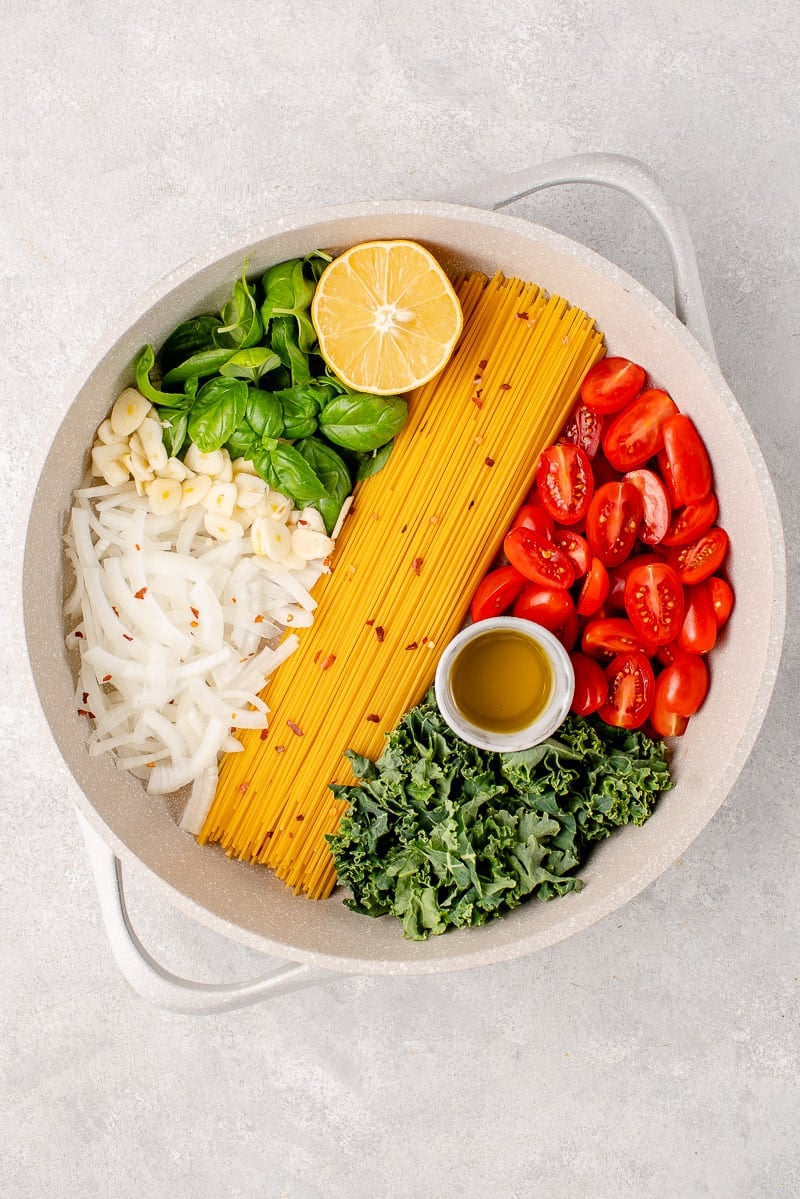 vegan pasta ingredients in a white pot