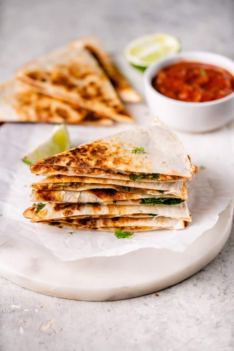 stacked slices of potato and bean quesadillas