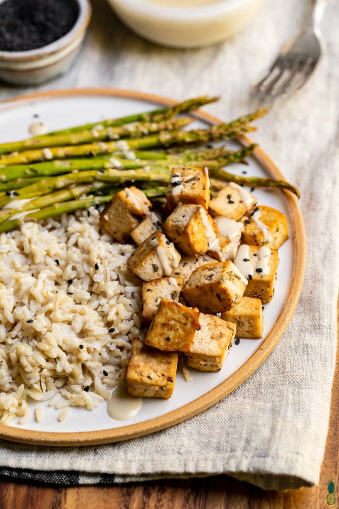 Lemon Pepper and Herb Tofu with Asparagus and Brown Rice by sweet simple vegan 