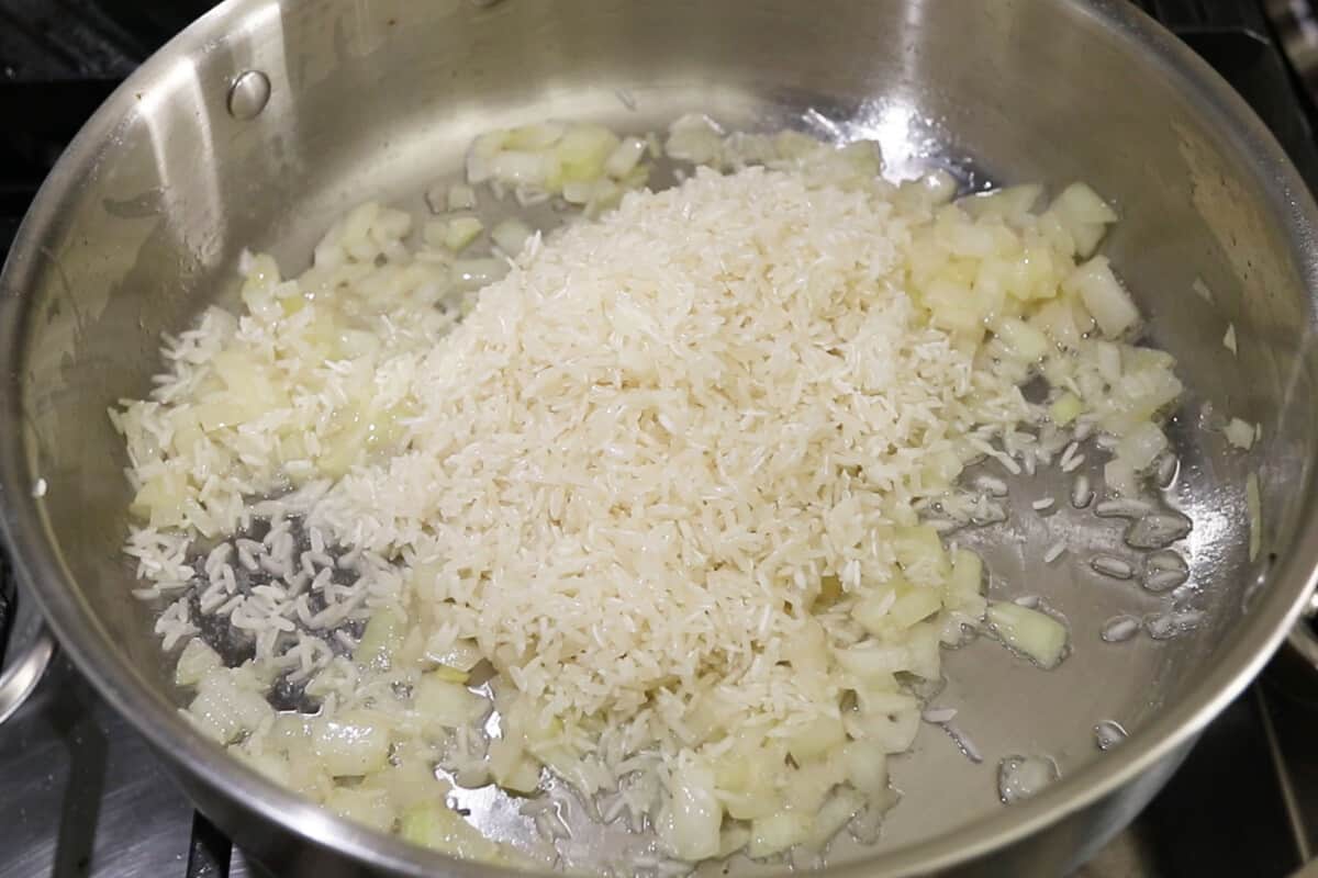 rice added to the cooked onions