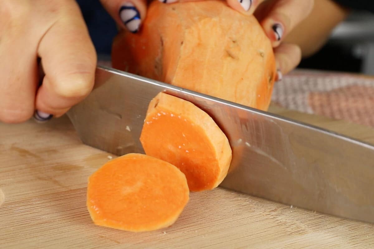 slicing orange sweet potato