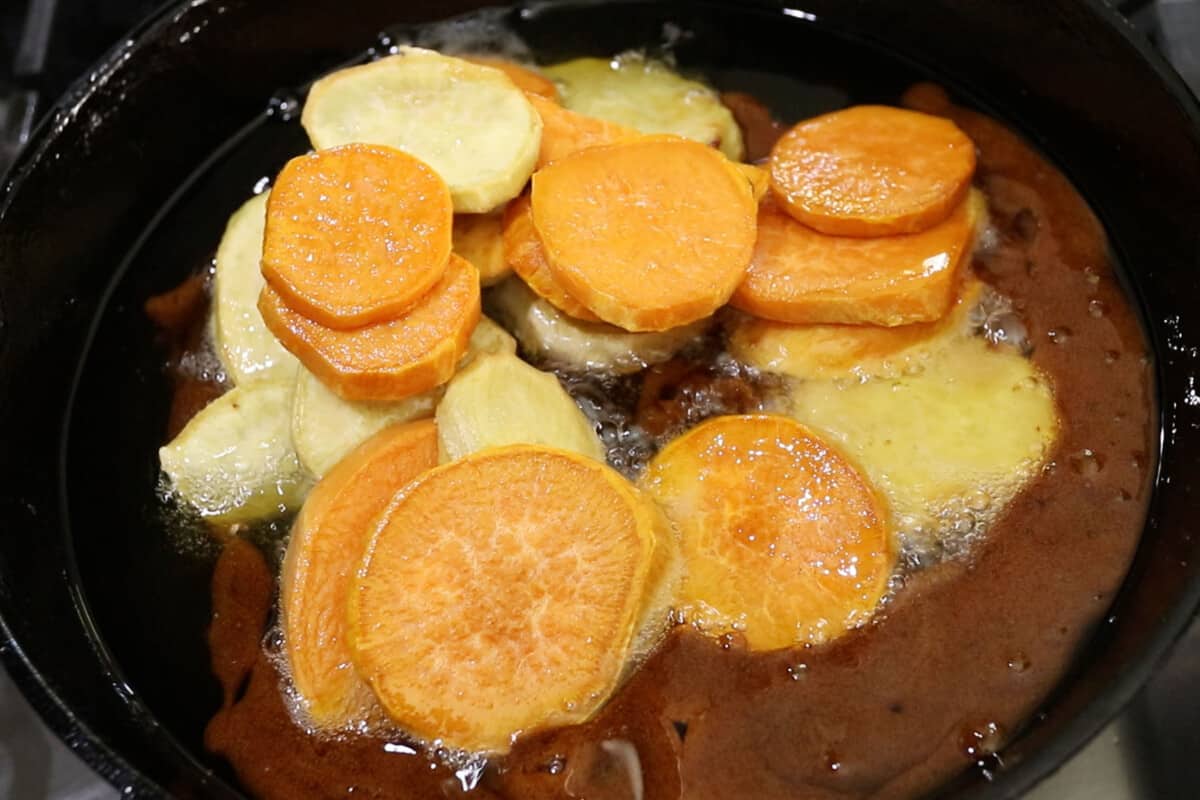 frying sweet potatoes and brown sugar for filipino kamote cue