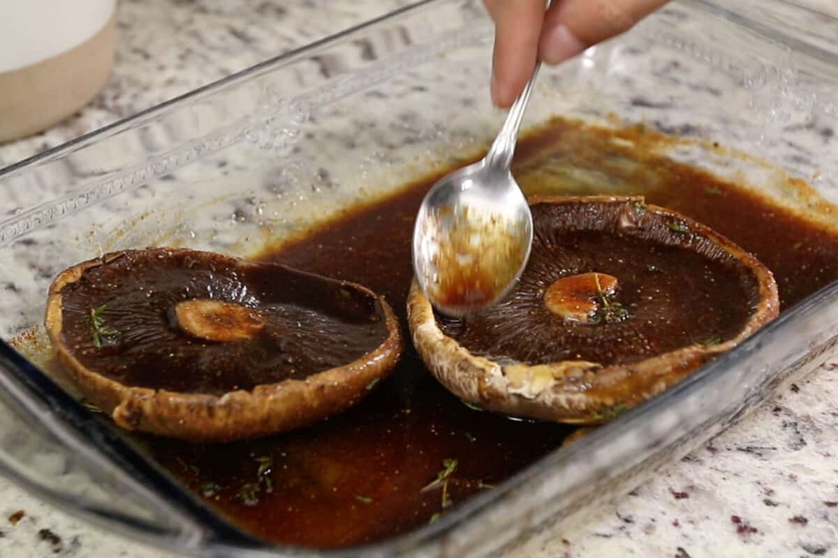 marinating mushrooms in glass dish