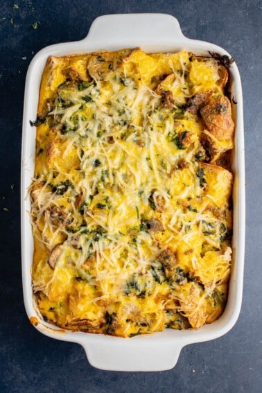overhead image of baked strata in dish