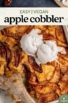 Vegan apple cobbler with ice cream in gray dish for pinterest