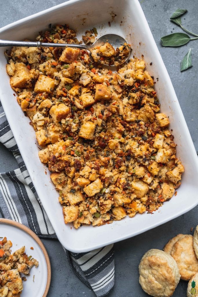 buttermilk biscuit thanksgiving stuffing with vegetables and herbs by sweetsimplevegan