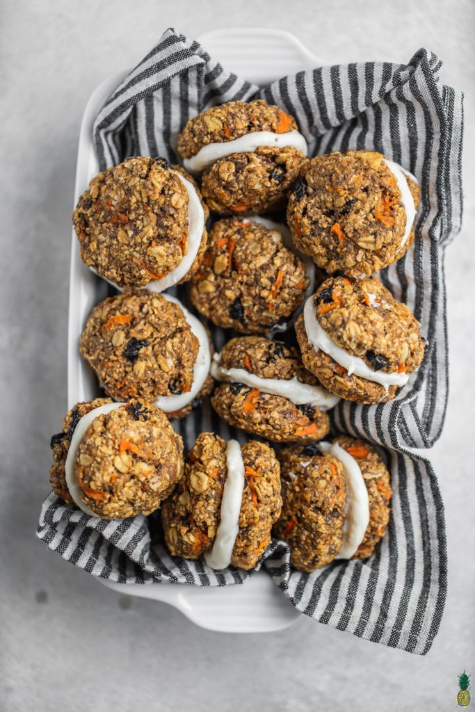 overhead basket with carrot cake cookie sandwiches. The perfect spring desserts. 