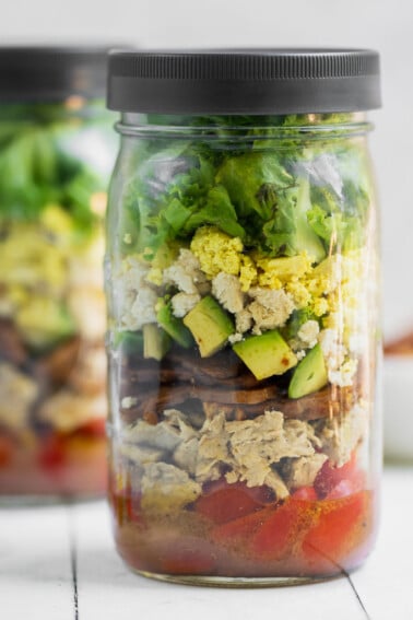 Vegan chicken cobb salad in a jar by sweet simple vegan