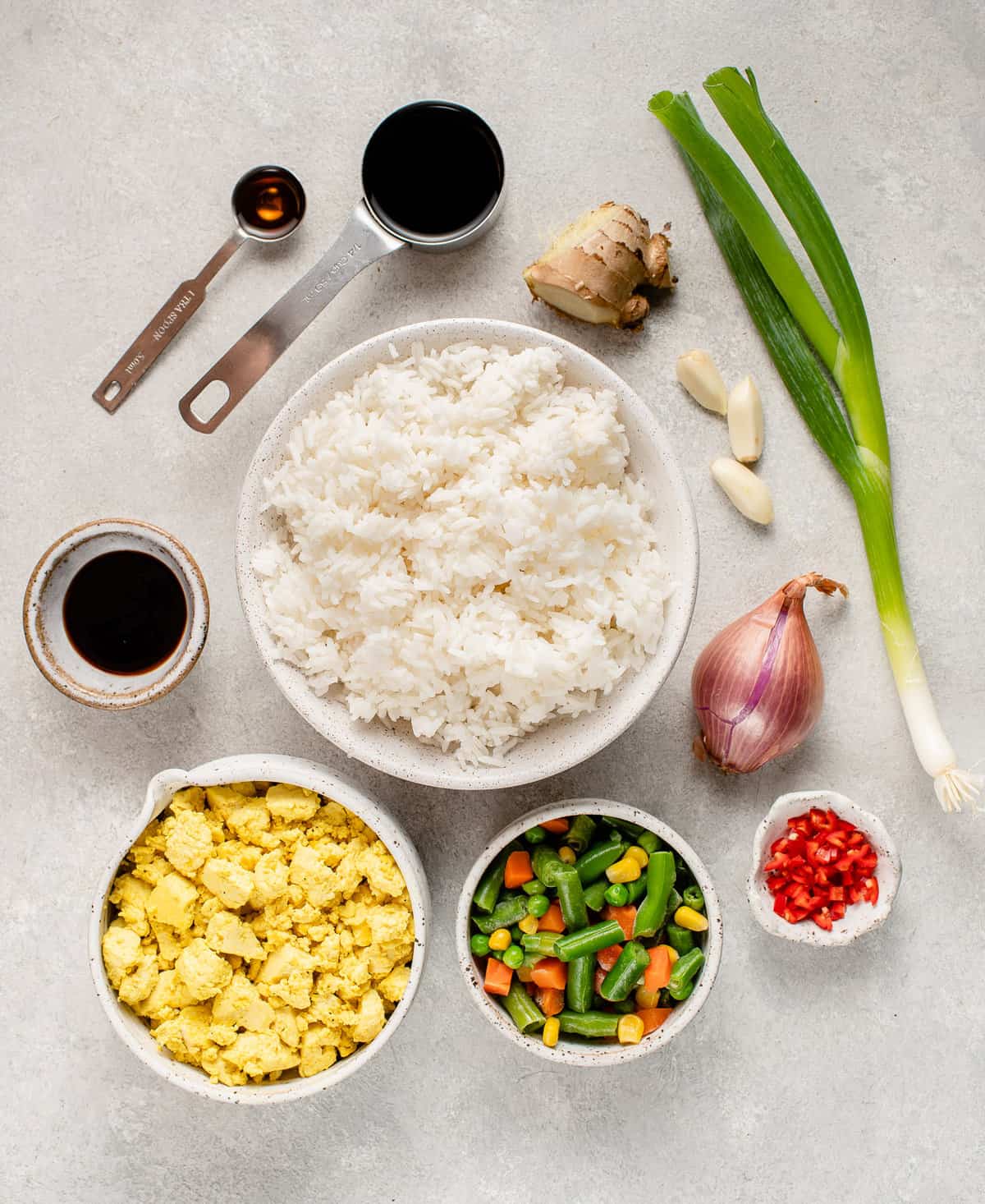 over head image of ingredients for fried rice