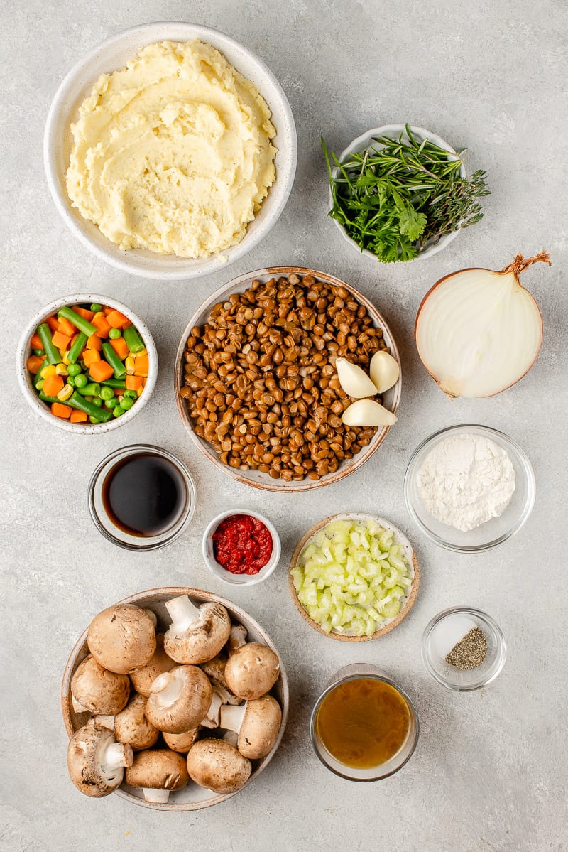overhead image of ingredients for vegan shepherd's pie