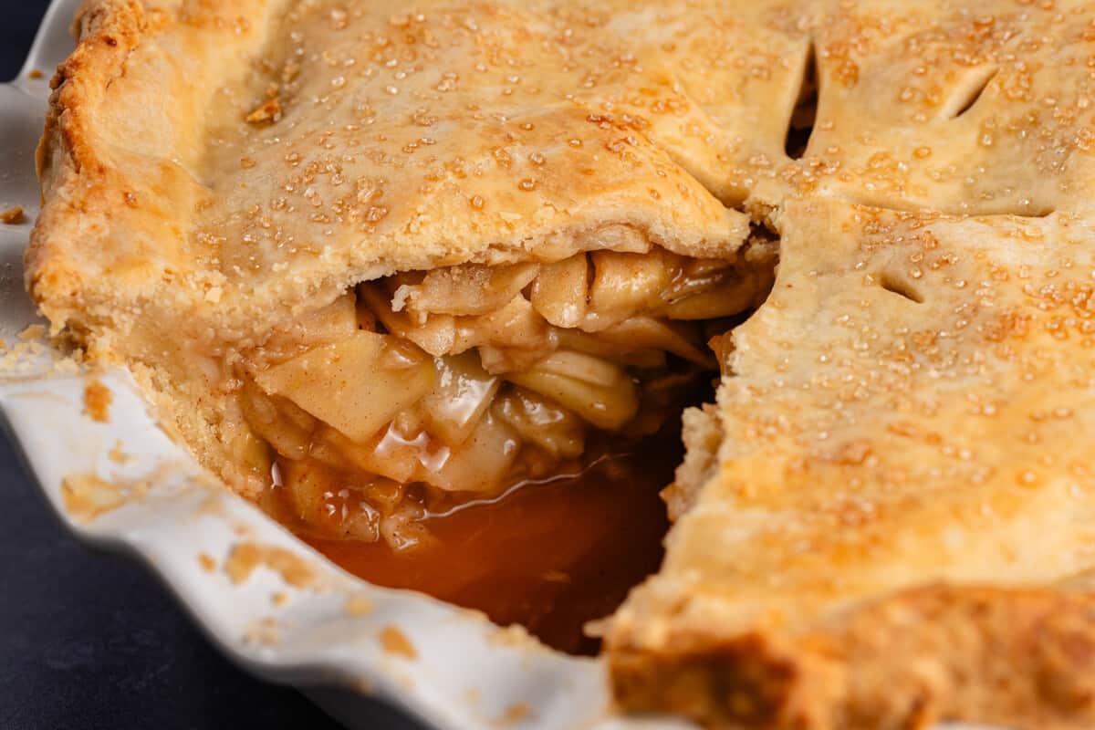 horizontal close up of the inside of apple pie