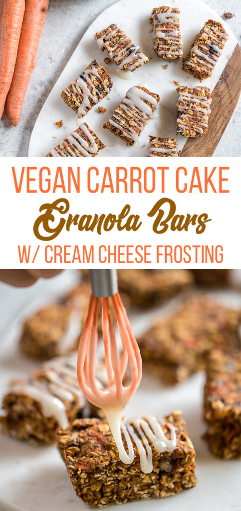 A tasty and healthy carrot cake granola bar that is reminiscent of the classic cozy dessert and makes for the perfect breakfast or even an on the go snack! #carrotcake #granola #bars #vegan #snack #onthego #lunchbox #kids #healthy #vegan #vegansnacks #easy #oilfree #glutenfree