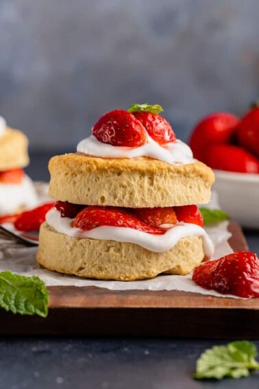 upclose image of vegan strawberry shortcake styled with grey background