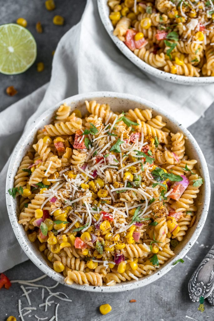 Overhead image of Vegan Street Corn Pasta Salad in large bowl