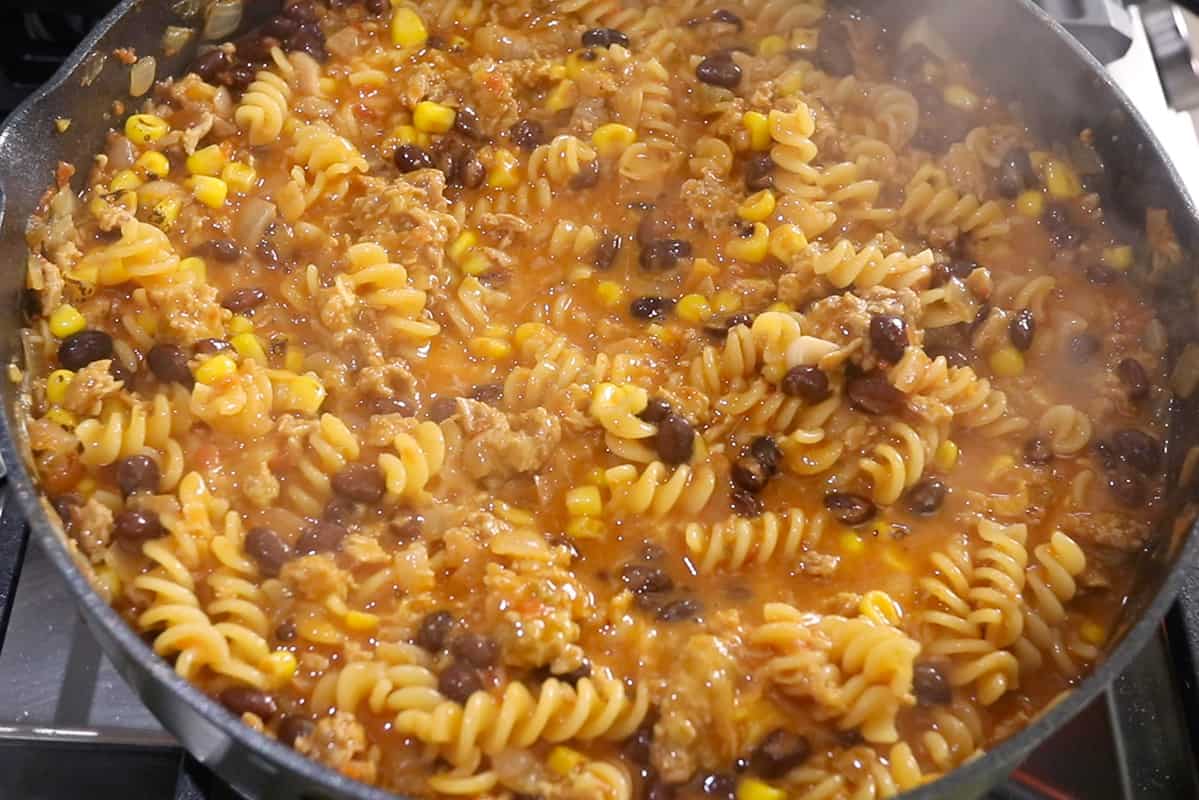 black pan with Vegan Taco Pasta