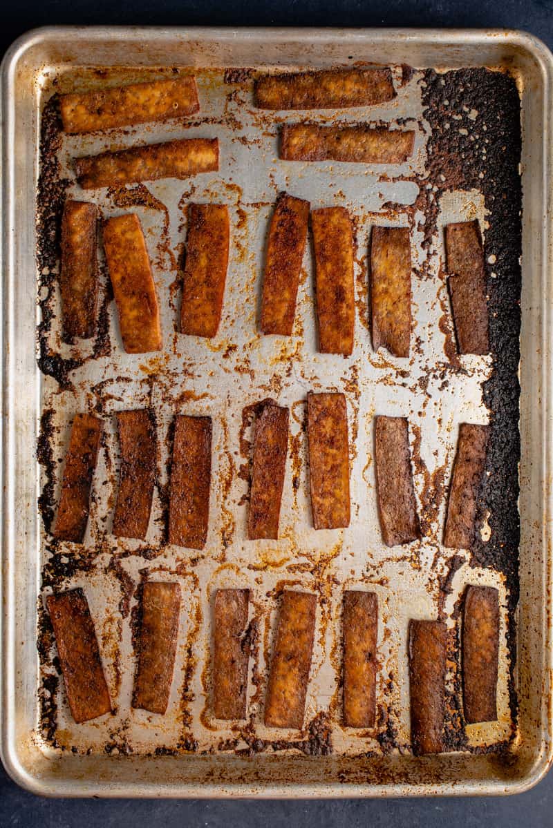 Tofu Bacon after cooking on baking sheet