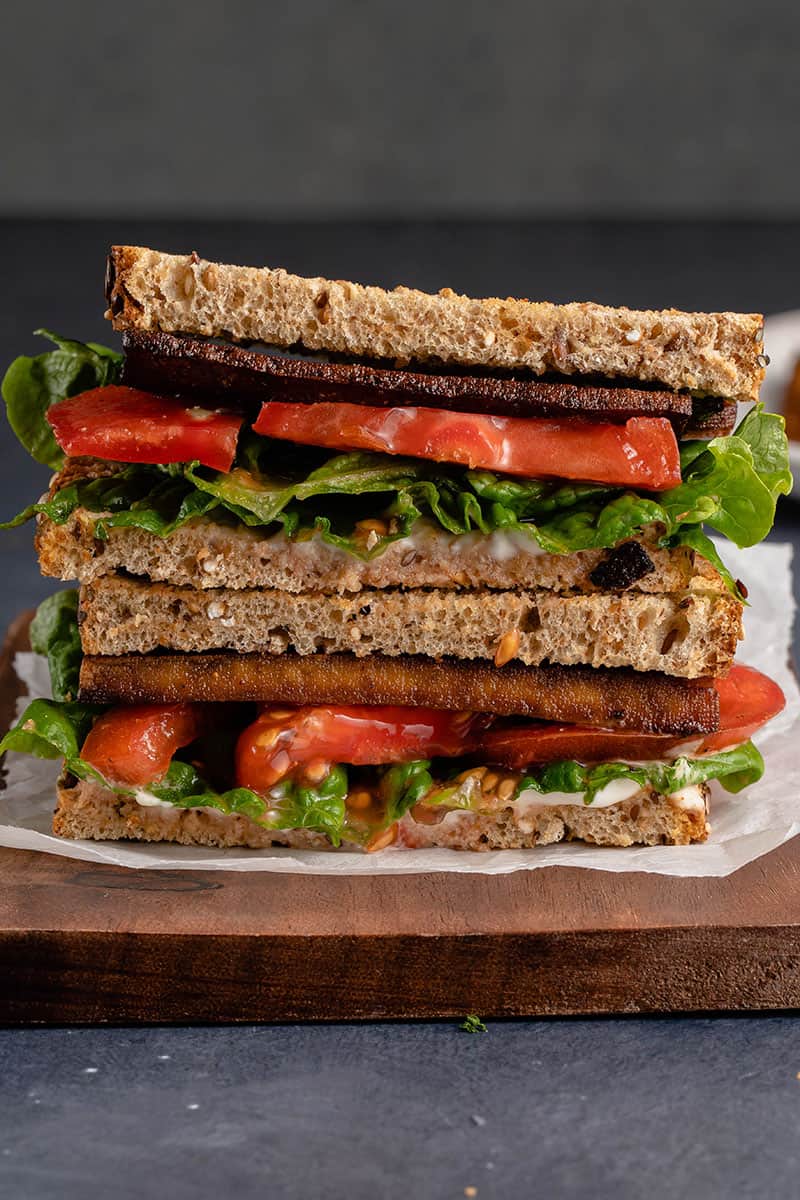close up Tofu Bacon on vegan BLT sandwich